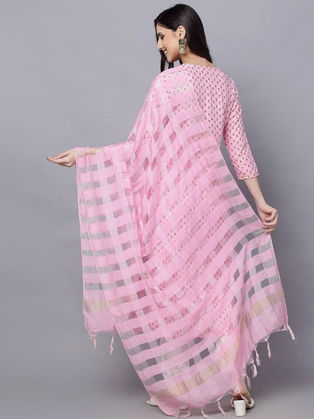 HERE&NOW Women Pink Floral Printed Kurta with Trousers & With Dupatta | Grocsy