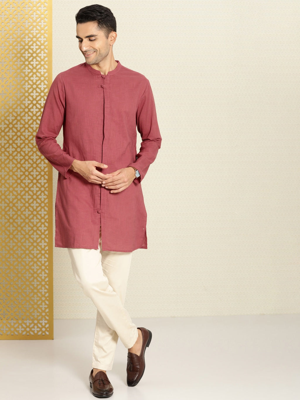 House of Pataudi Men Pure Cotton Solid Straight Mandarin Collar Rozana Kurta | Grocsy