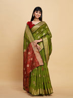 Sangria Green Ethnic Motifs Woven Design Zari Organza Saree | Grocsy
