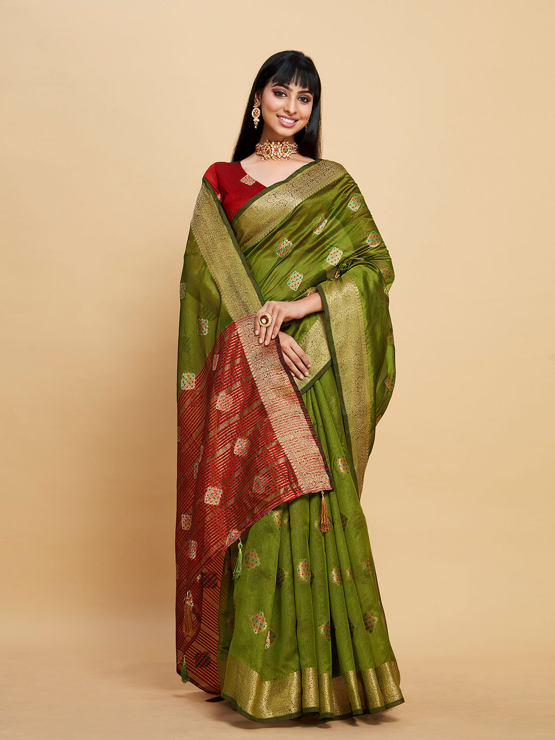 Sangria Green Ethnic Motifs Woven Design Zari Organza Saree | Grocsy