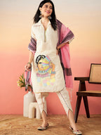 Sangria Off White Ethnic Motifs Self Design Thread Work Pure Cotton Pathani Kurta Sets | Grocsy