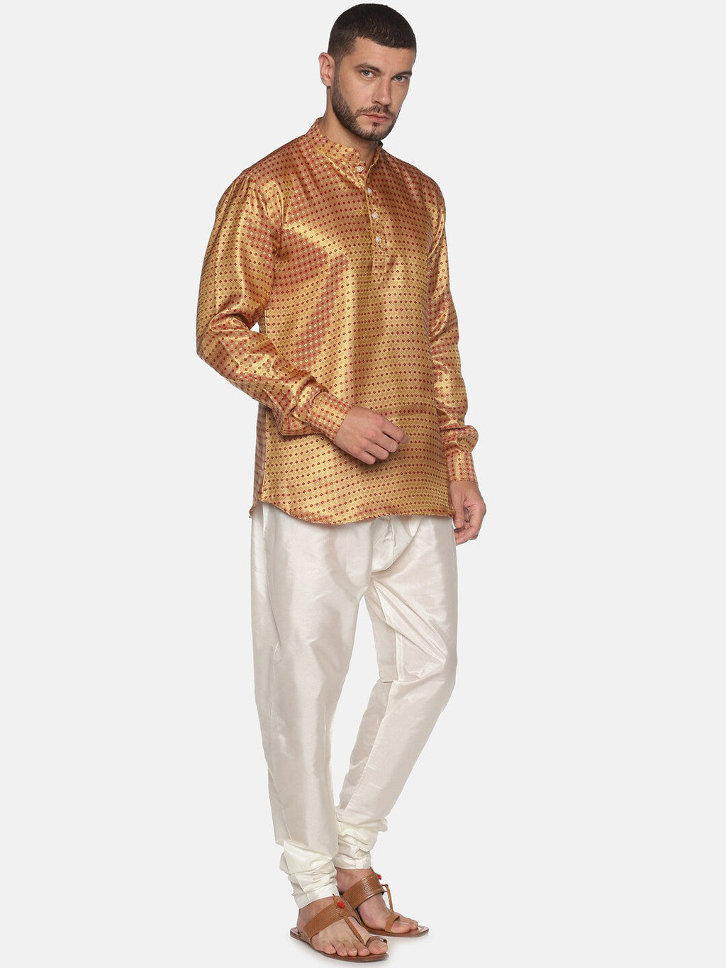 Sethukrishna Men Gold-Toned Self Design Kurta with Churidar | Grocsy