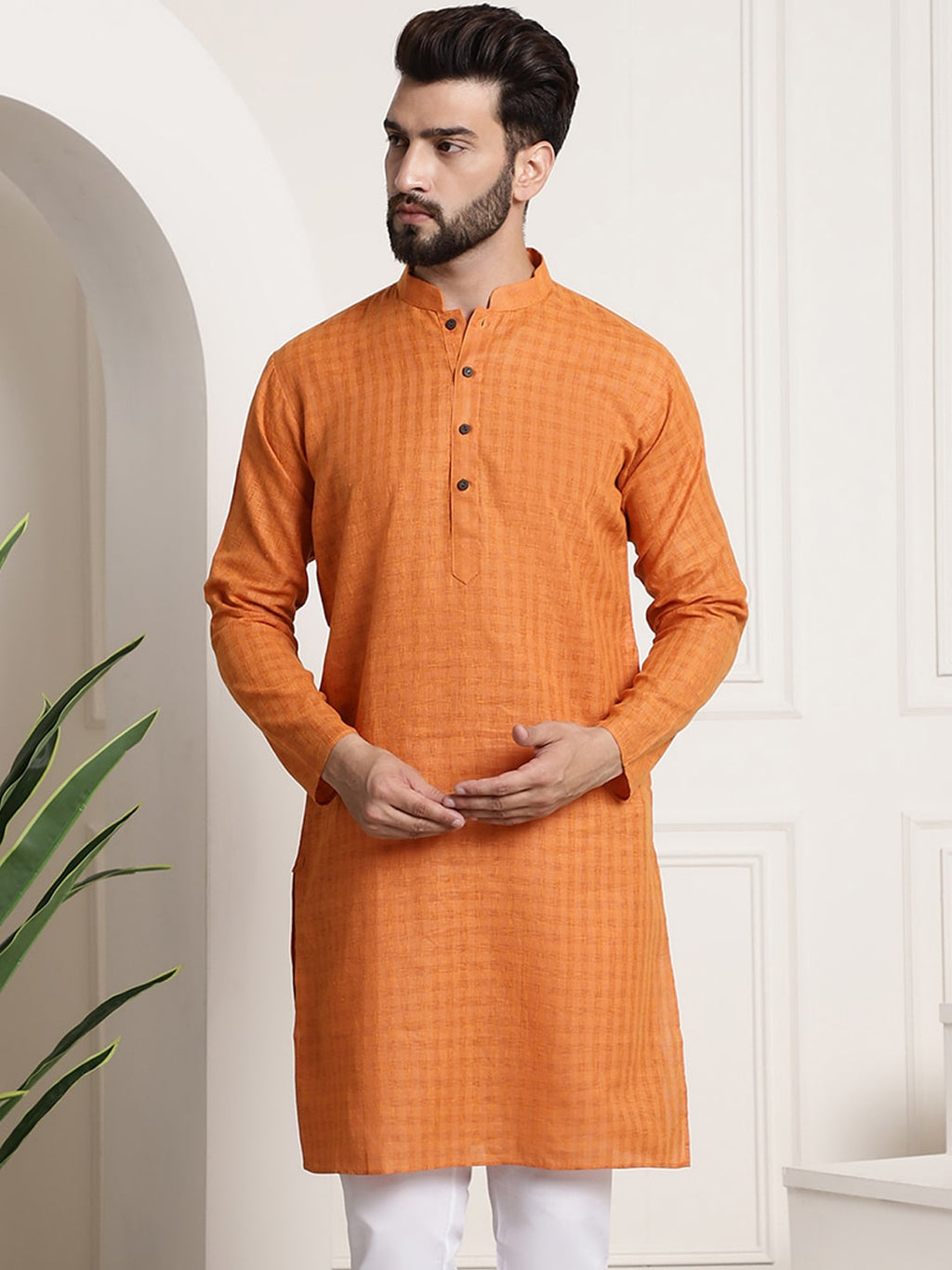 Sojanya Men Orange Dobby Self-Checked Straight Kurta | Grocsy
