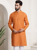 Sojanya Men Orange Dobby Self-Checked Straight Kurta | Grocsy