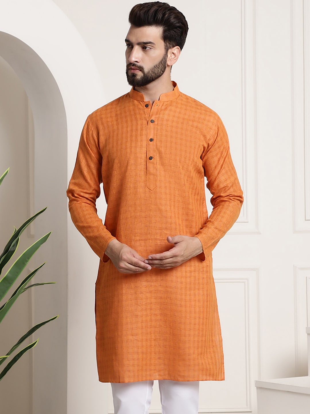 Sojanya Men Orange Dobby Self-Checked Straight Kurta | Grocsy