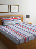 BOMBAY DYEING Red & Blue Striped Cotton 120 TC King Bedsheet with 2 Pillow Covers | Grocsy