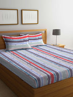 BOMBAY DYEING Red & Blue Striped Cotton 120 TC King Bedsheet with 2 Pillow Covers | Grocsy
