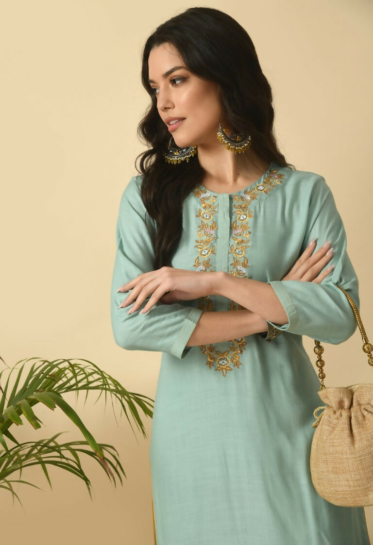 Joban Fashion Sea Green Cotton Rayon Kurta Set | Grocsy