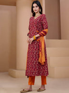 Sangria Maroon & Orange Printed V Neck Pure Cotton Angrakha Kurta With Trousers & Dupatta | Grocsy