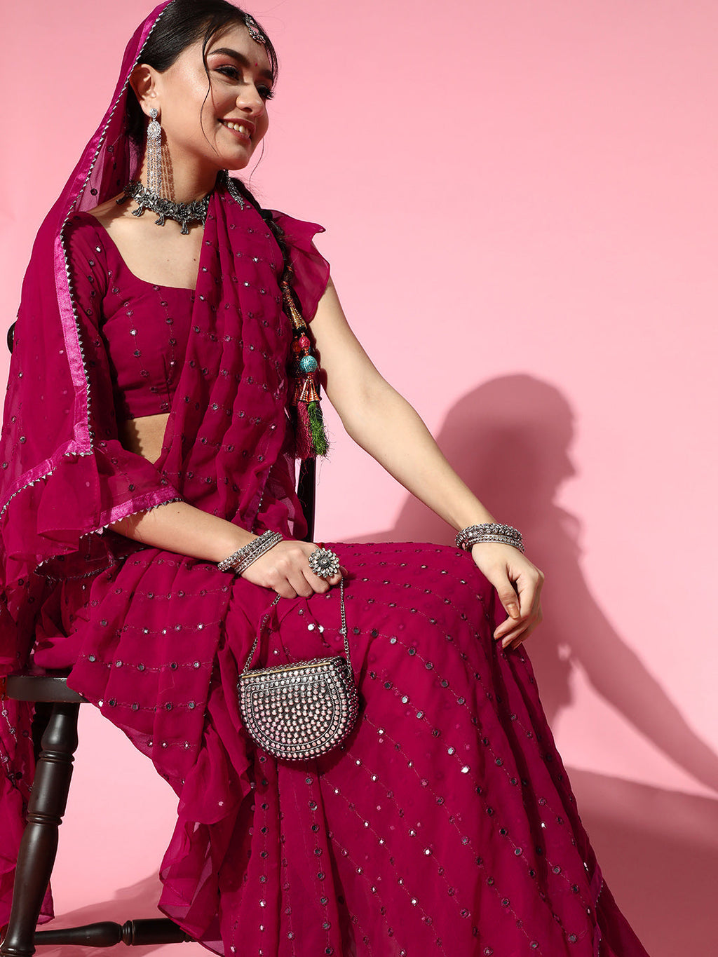 Tikhi Imli Embellished Poly-Georgette Saree with Solid border | Grocsy