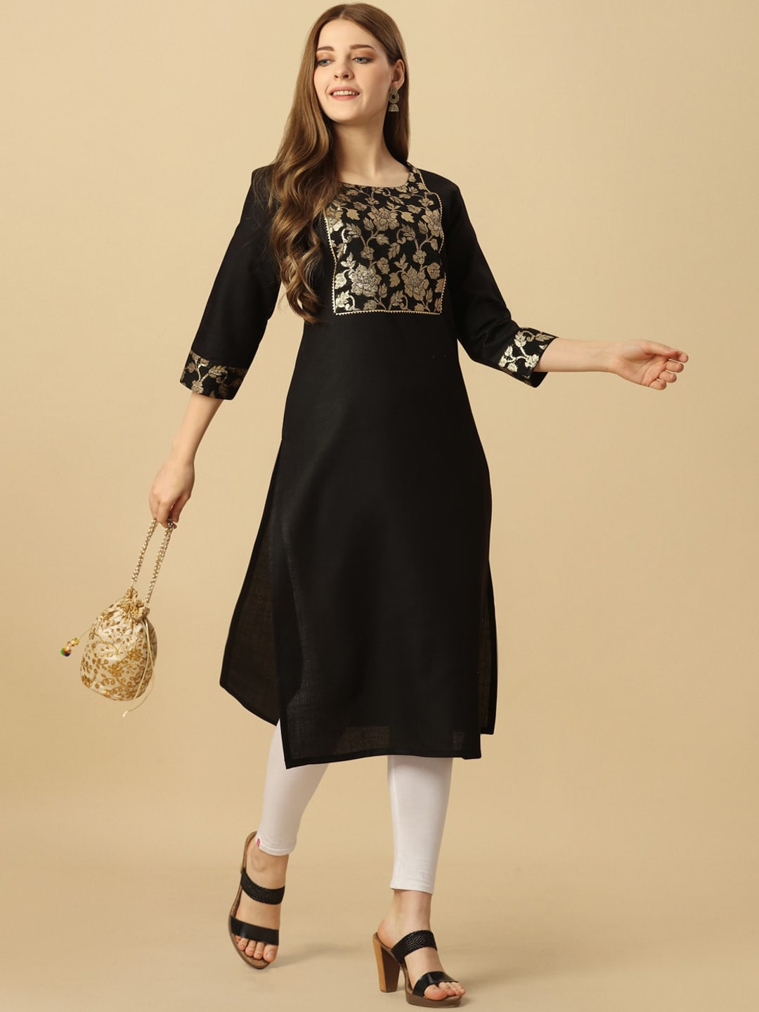 HERE&NOW Black & Gold Square Neck Yoke Design Cotton Kurta | Grocsy
