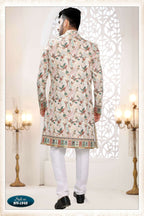Joban Fashion Men's White Straight Silk Thread And Sequence Embroidery All Over 3 Pc Kurta Set | Grocsy