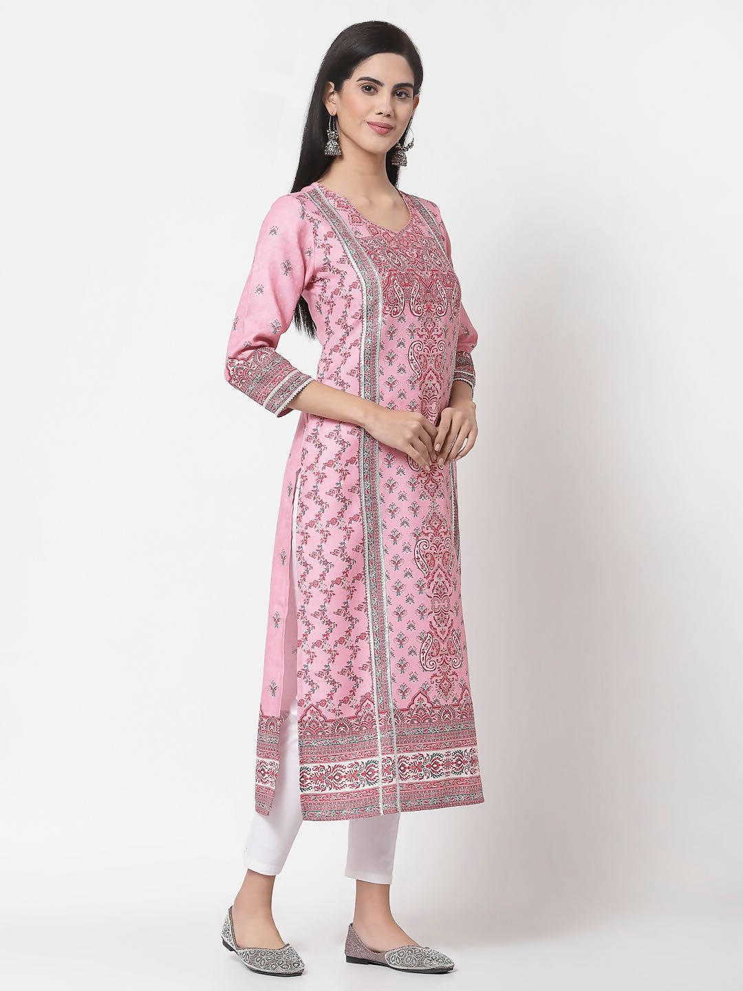 Myshka Women's Multi Printed Polyester Full Sleeve Round Neck Casual Kurta | Grocsy