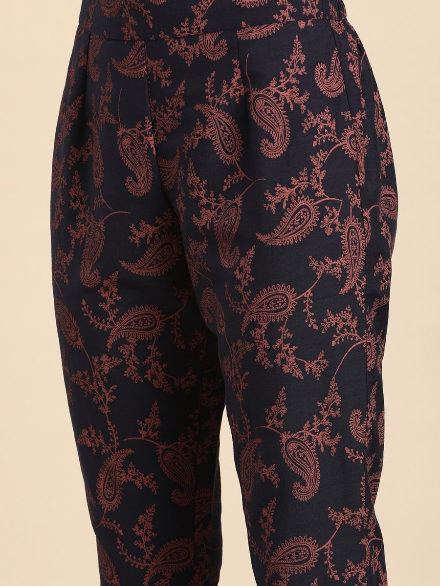 All About You Women Navy Blue Ethnic Motifs Printed Regular Kurta with Printed Trousers | Grocsy