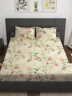 Story@home Ventura Cream & Green Floral 152 TC Cotton Queen Bedsheet with 2 Pillow Covers | Grocsy
