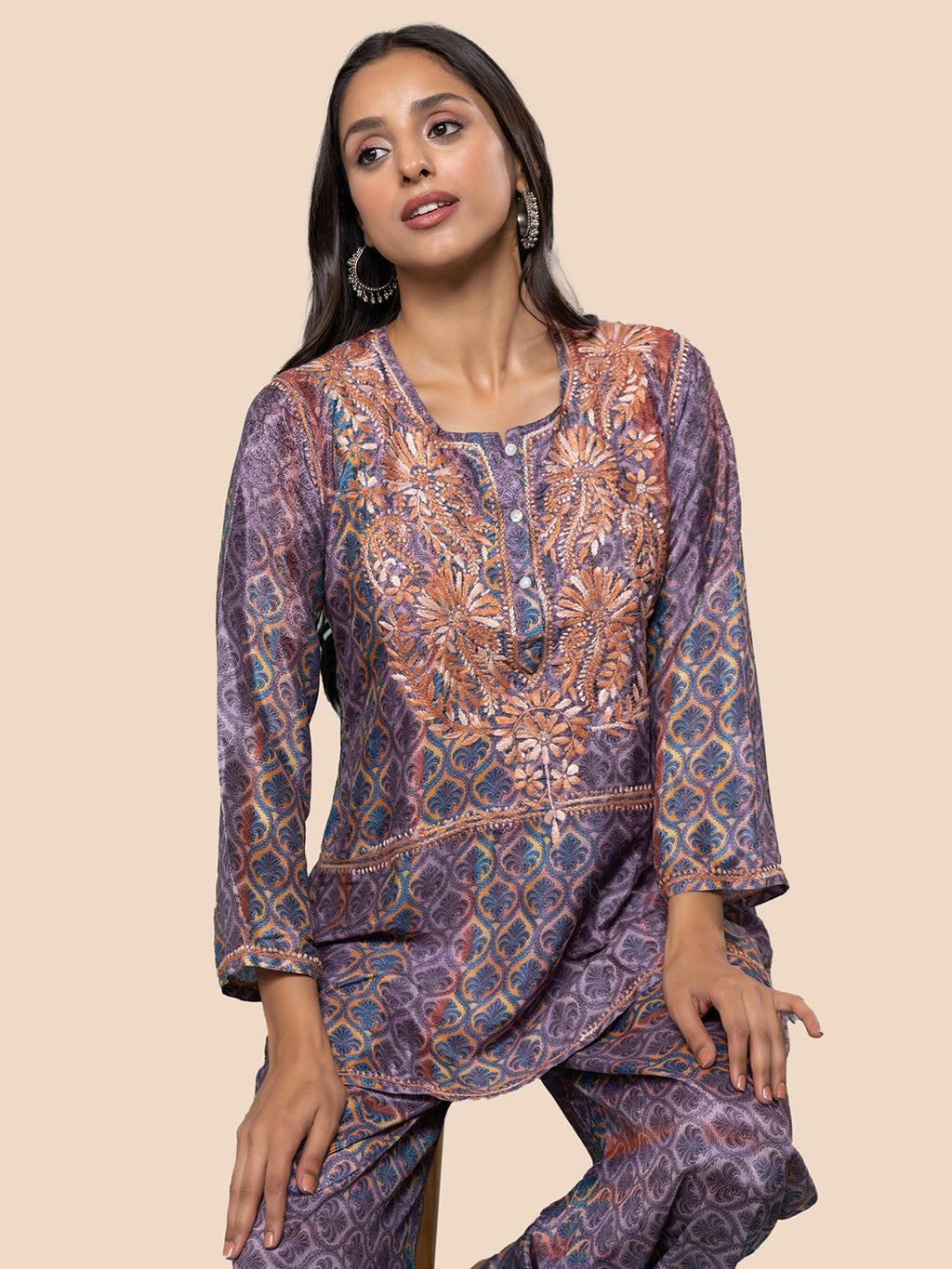 HOUSE OF KARI Floral Embroidered Regular Chikankari Straight Kurta with Palazzos | Grocsy