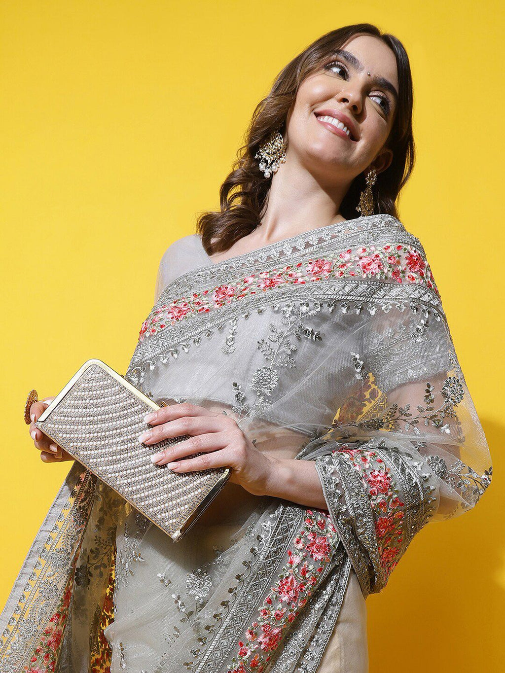 kasee Floral Embroidered Net Saree | Grocsy