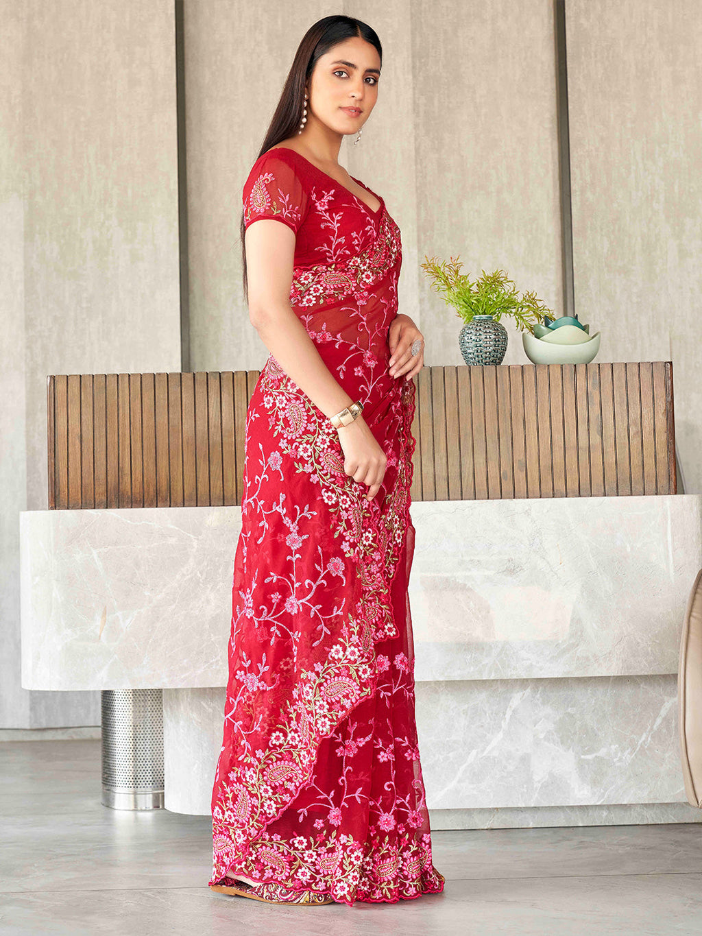 Tikhi Imli Floral Embroidered Chiffon Heavy Work Saree | Grocsy