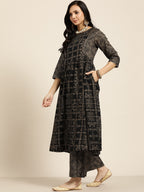 Sangria Women Black & Golden Ethnic Motifs Printed Pure Cotton Kurta with Palazzos | Grocsy