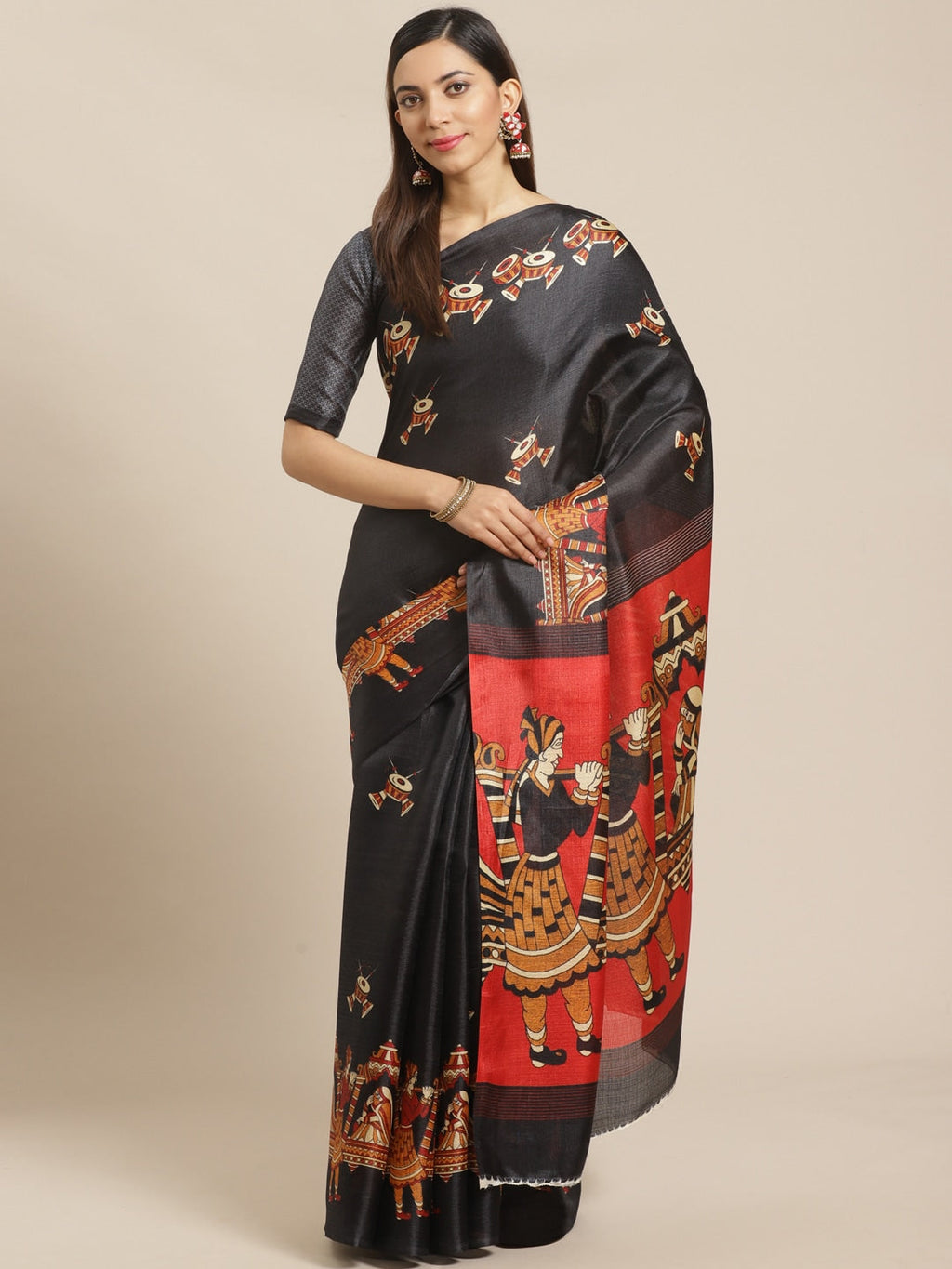 Saree Mall Black & Red Printed Saree | Grocsy