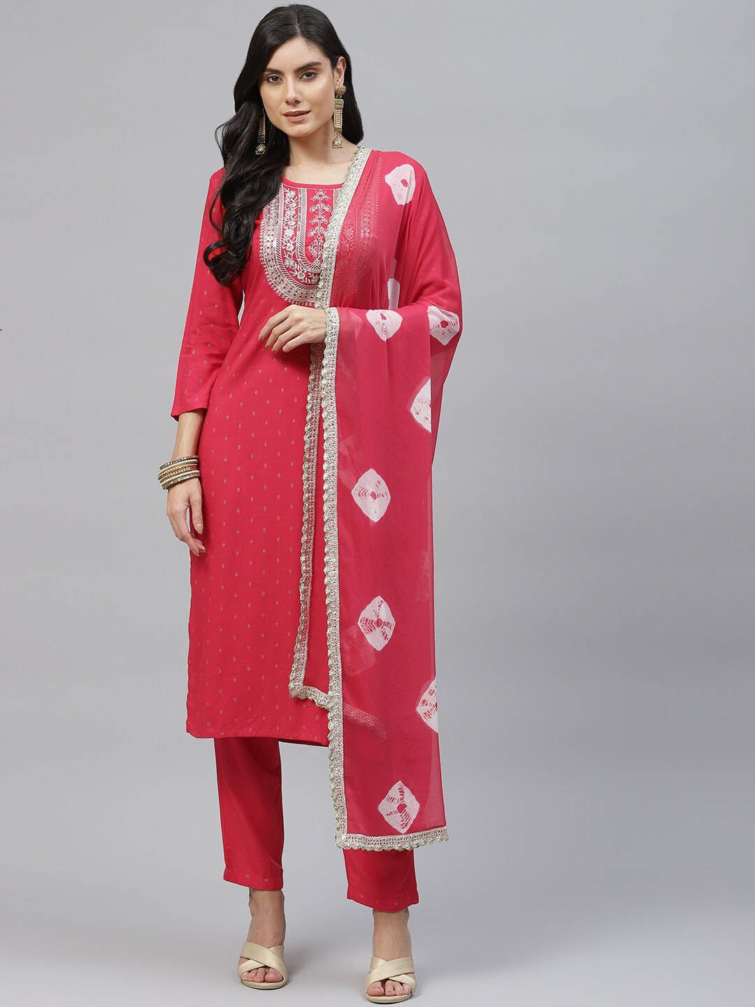 HERE&NOW Women Red Embroidered Kurta with Trousers & With Dupatta | Grocsy