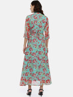 Souchii Turquoise Blue & Pink Floral Print Ethnic Maxi Dress | Grocsy