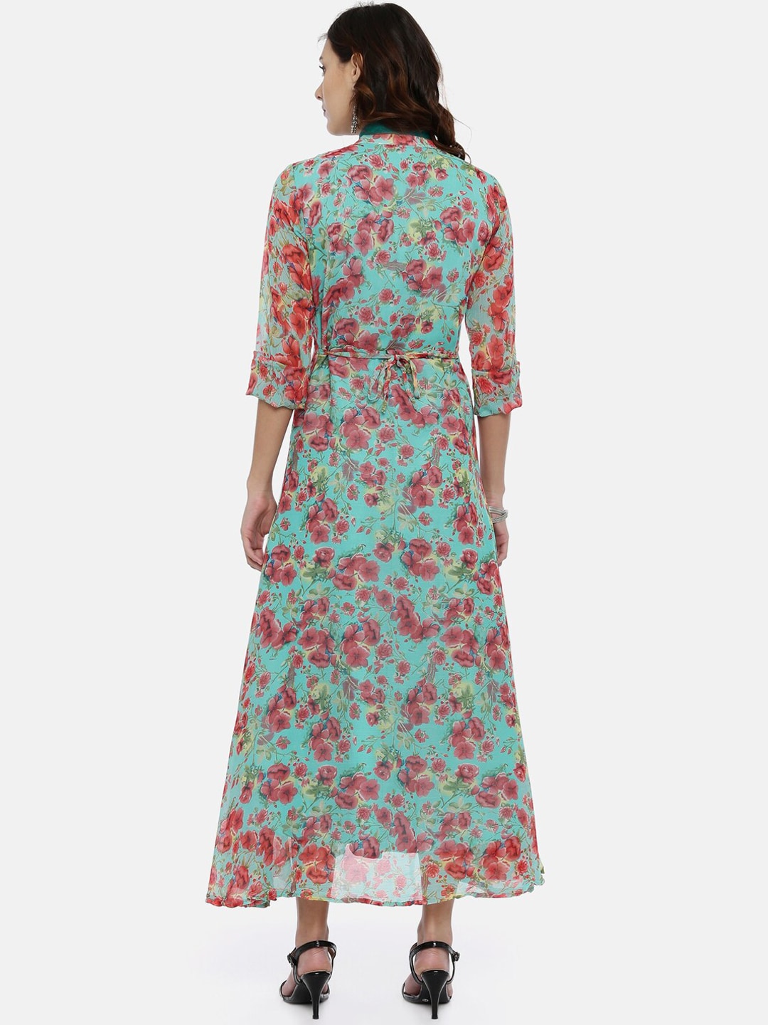 Souchii Turquoise Blue & Pink Floral Print Ethnic Maxi Dress | Grocsy