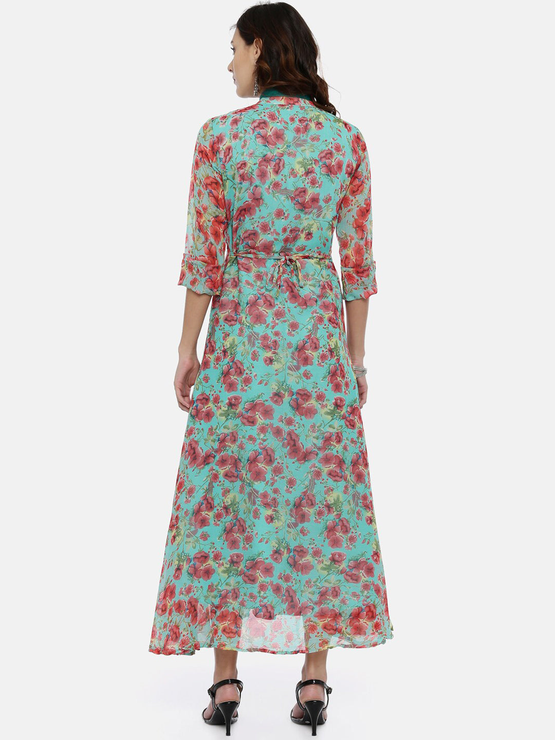 Souchii Women Turquoise Blue & Pink Floral Print Ethnic Maxi Dress | Grocsy