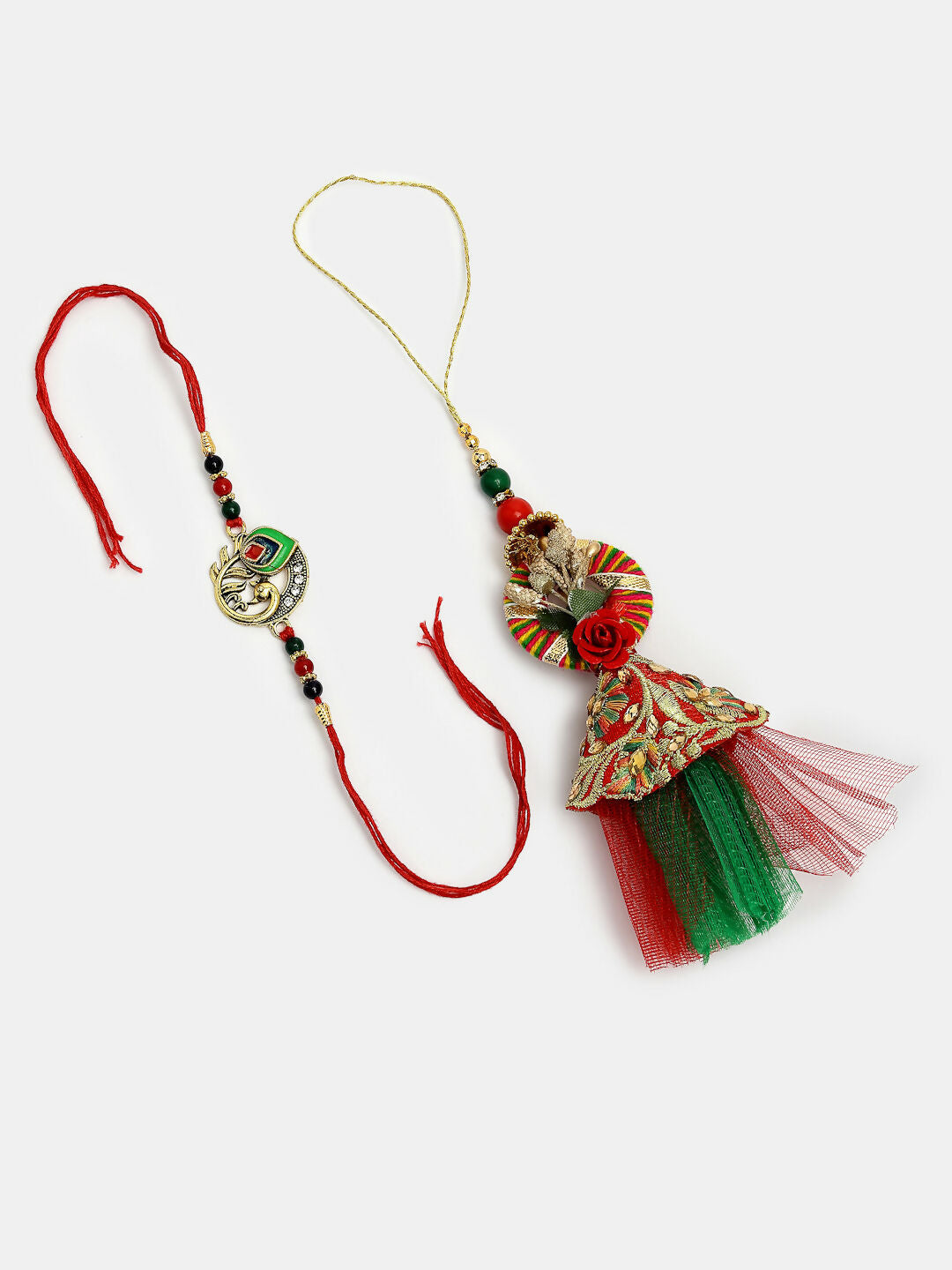NVR Women & Men Set of 2 Multicolor Peacock Design Bhaiya Bhabhi Rakhi With Roli Chawal & Chocolate | Grocsy
