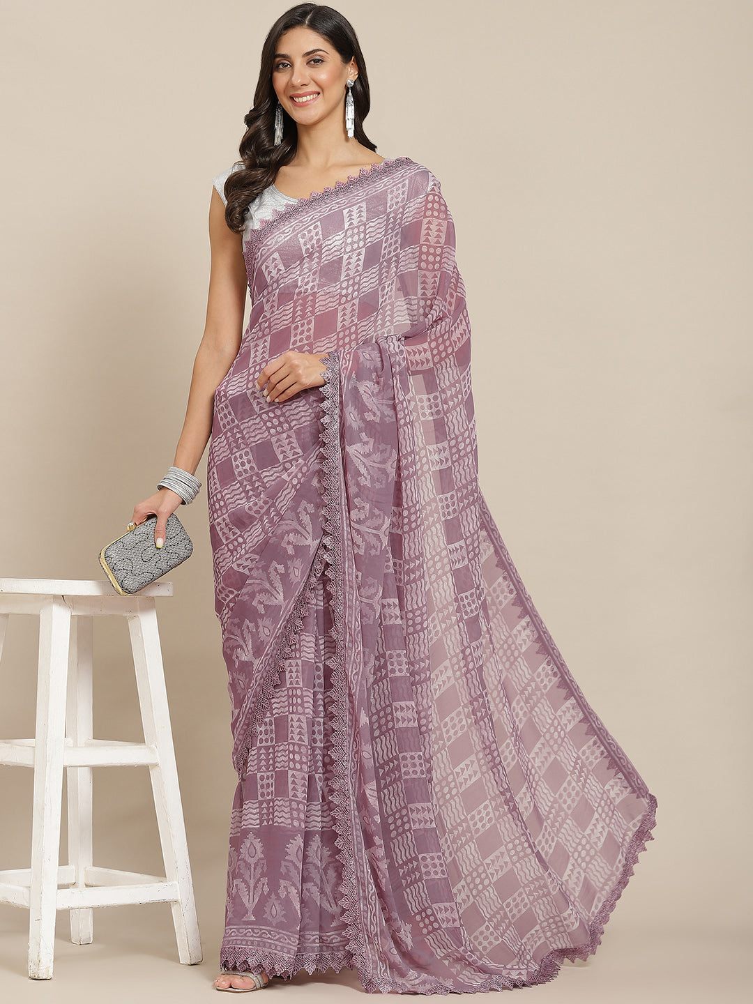 Tikhi Imli Mauve Batik Saree With Chikankari Lace | Grocsy