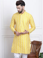 Sojanya Men Yellow & White Ethnic Motifs Embroidered Straight Kurta | Grocsy