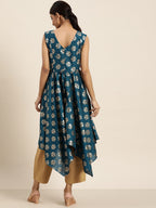 Sangria Women Teal Blue & Golden Ethnic Motifs Printed A-Line Kurta | Grocsy