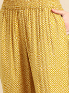 Sangria Women Mustard Yellow Ethnic Motifs Printed Angrakha Gotta Patti Kurta with Trousers | Grocsy