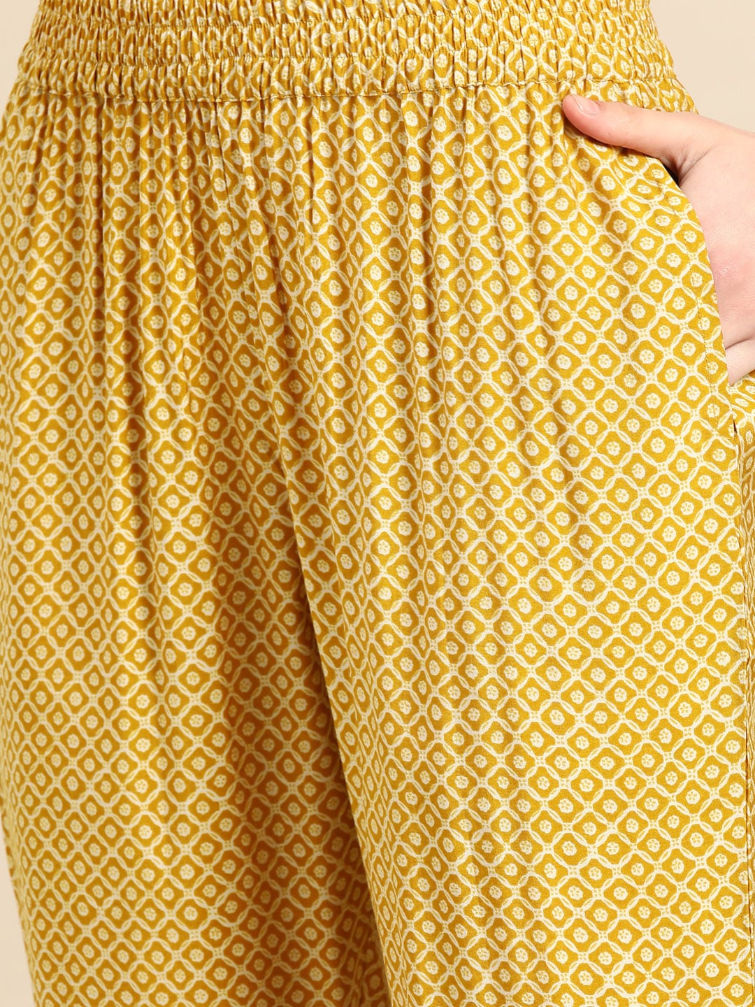 Sangria Women Mustard Yellow Ethnic Motifs Printed Angrakha Gotta Patti Kurta with Trousers | Grocsy