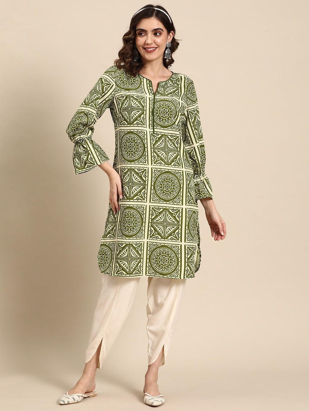 Sangria Ethnic Motifs Printed Puff Sleeves Kurta with Dhoti Pants | Grocsy