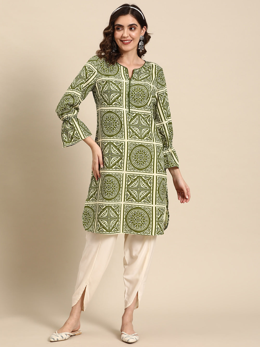 Sangria Ethnic Motifs Printed Puff Sleeves Kurta with Dhoti Pants | Grocsy