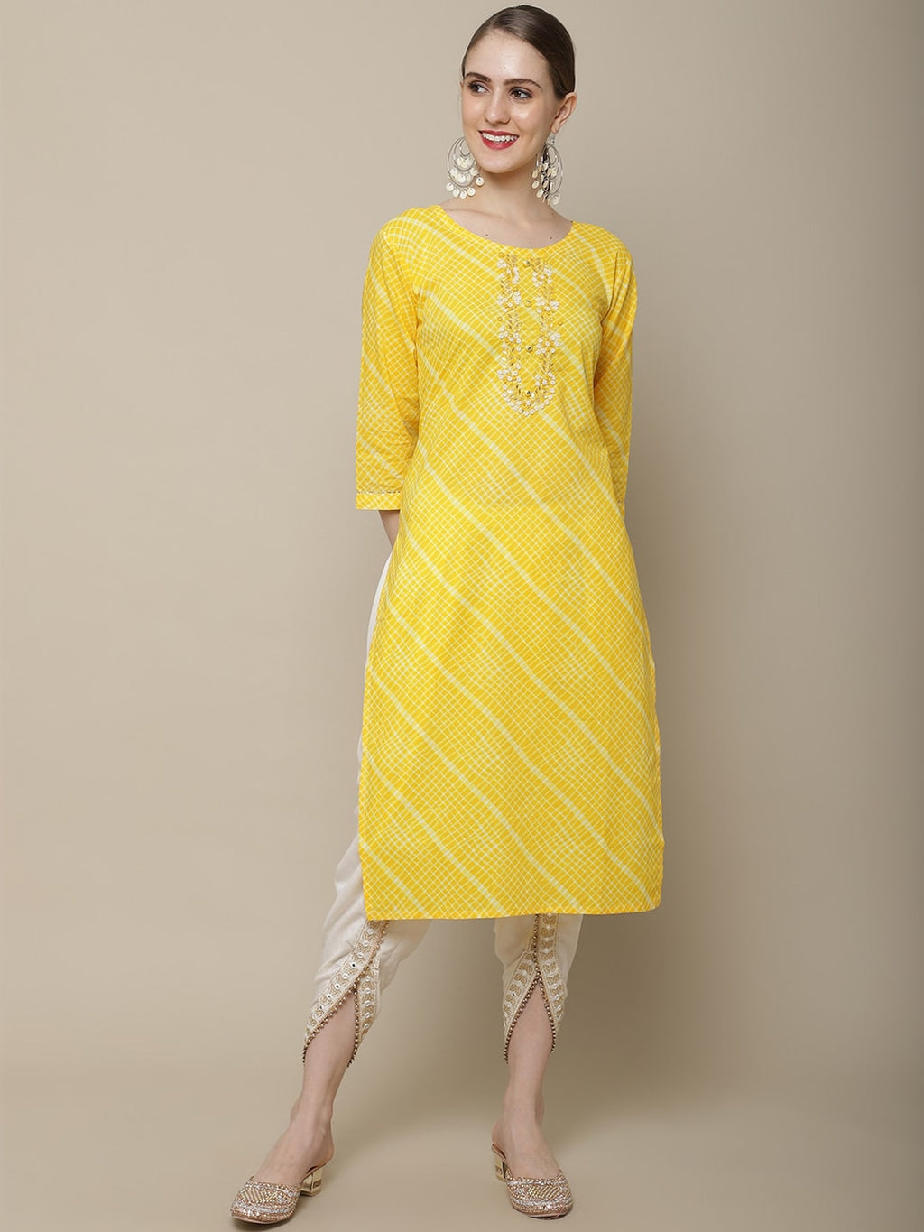 Sangria Women Yellow & White Embellished Cotton Straight Kurta | Grocsy