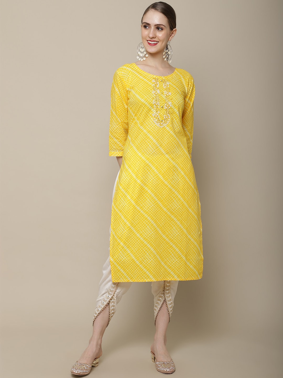 Sangria Women Yellow & White Embellished Cotton Straight Kurta | Grocsy