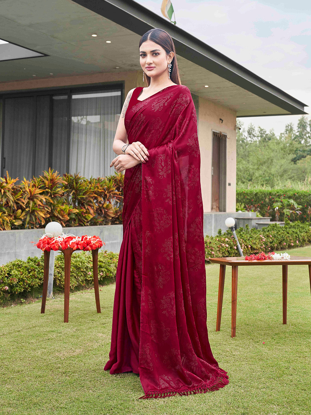 Tikhi Imli Embellished Half and half Satin Saree With Tassels | Grocsy