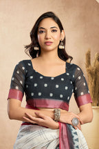 Vastranavya Digital Printed Linen Ready To Wear Pocket Saree with Unstitched Blouse | Grocsy