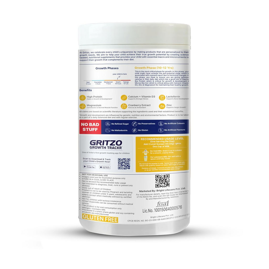 Gritzo SuperMilk Growth+ (Formerly Height+) Unsweetened Drink Mix (10-12y Girls), 12g Protein Powder Creamy Vanilla | Grocsy