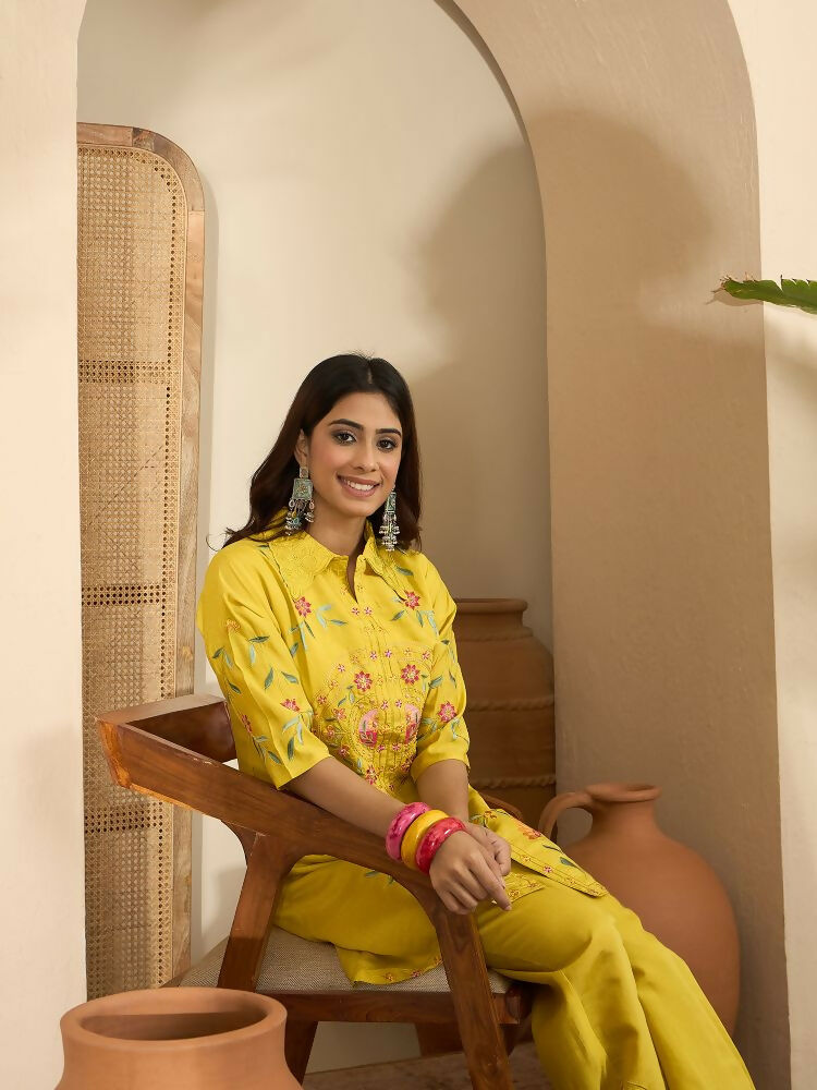 Joban Fashion Women Yellow Roman Silk Embroidered Stitched Kurta Set | Grocsy