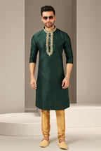 Raivat Ethnic Banarasi Art Silk Mirror Work Kurta Pajama In Dark Green Colour | Grocsy