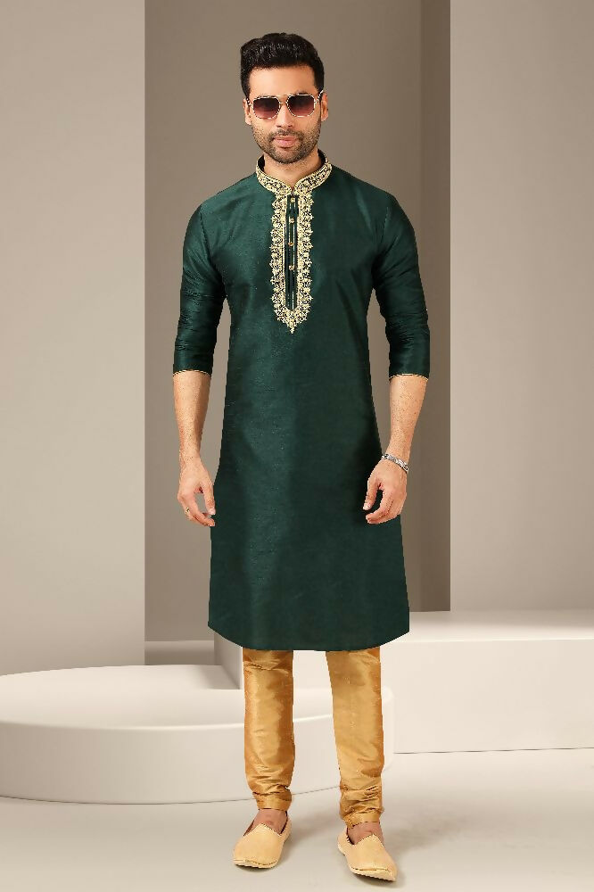 Raivat Ethnic Banarasi Art Silk Mirror Work Kurta Pajama In Dark Green Colour | Grocsy