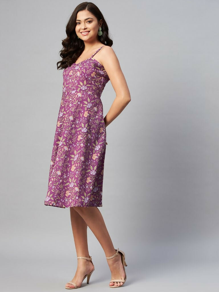 Miravan Women's Purple Floral Printed Midi Length Dress | Grocsy