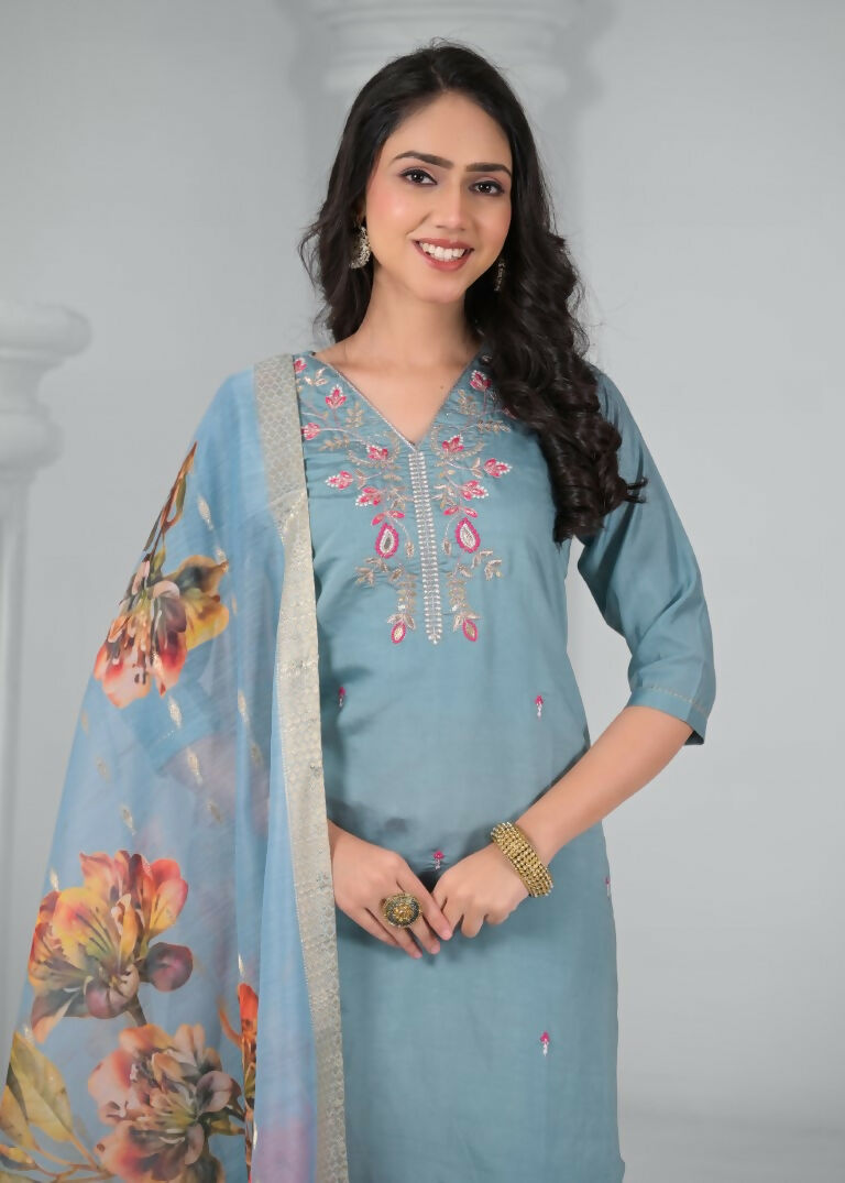 Ethnic Festive Wear Chanderi Viscose Sky Stitched Suit With Dupatta - Tanisha | Grocsy