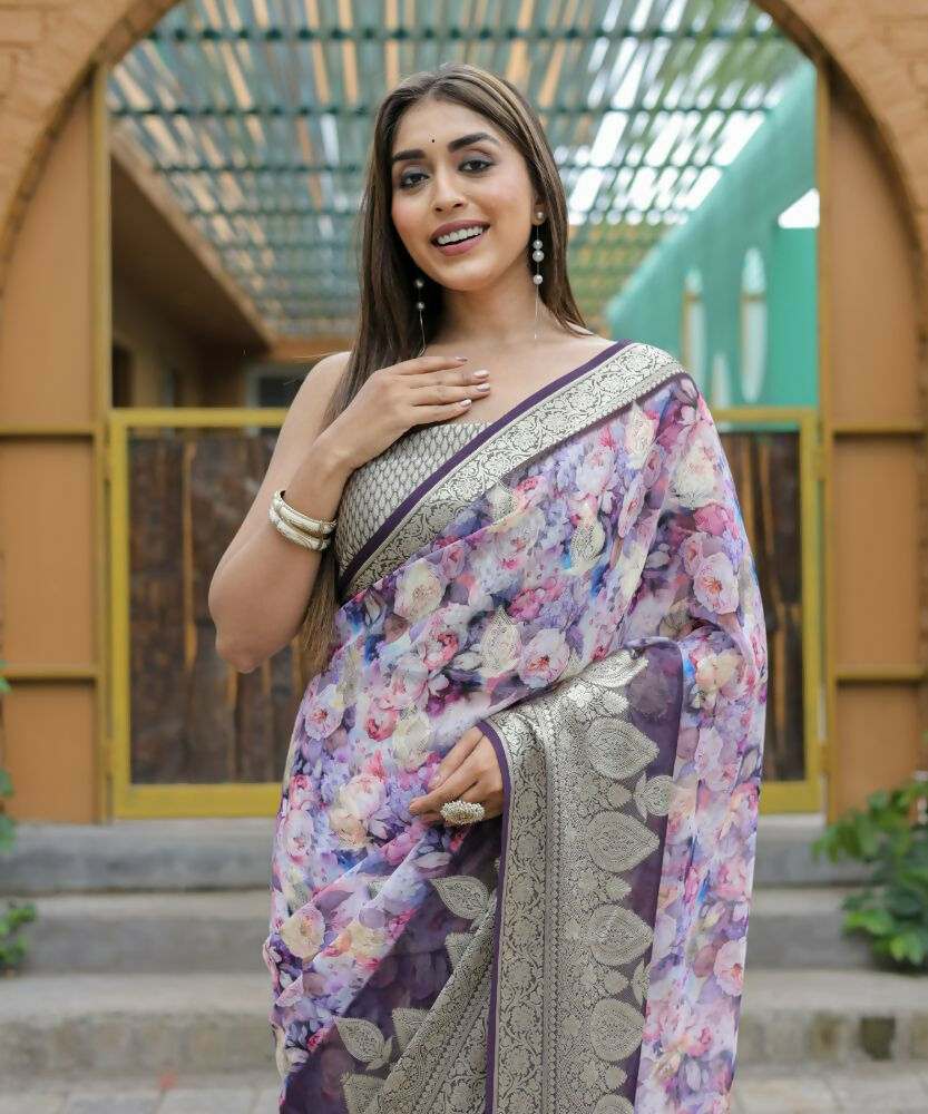 Vamsee Dhruvini Purple Georgette Saree | Grocsy