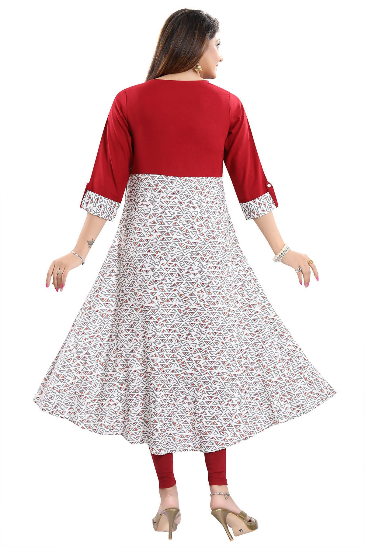 Snehal Creations Magnificent Maroon Rayon Printed Flared Long Tunic | Grocsy