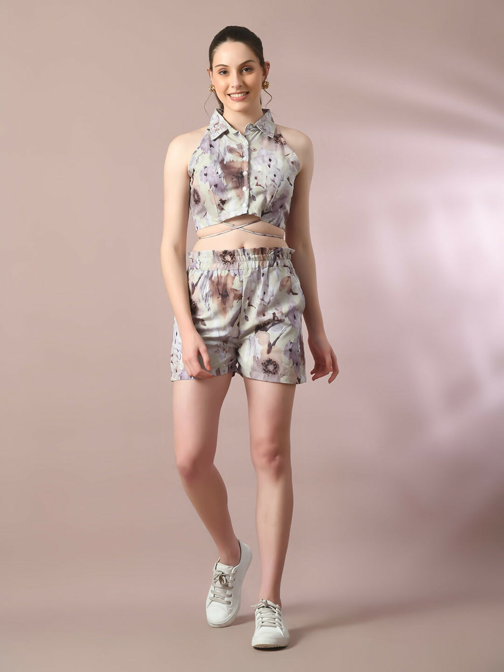 Myshka Women's Multi Printed Shirt Collar Party Top With Shorts Co-ord set | Grocsy