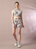 Myshka Women's Multi Printed Shirt Collar Party Top With Shorts Co-ord set | Grocsy